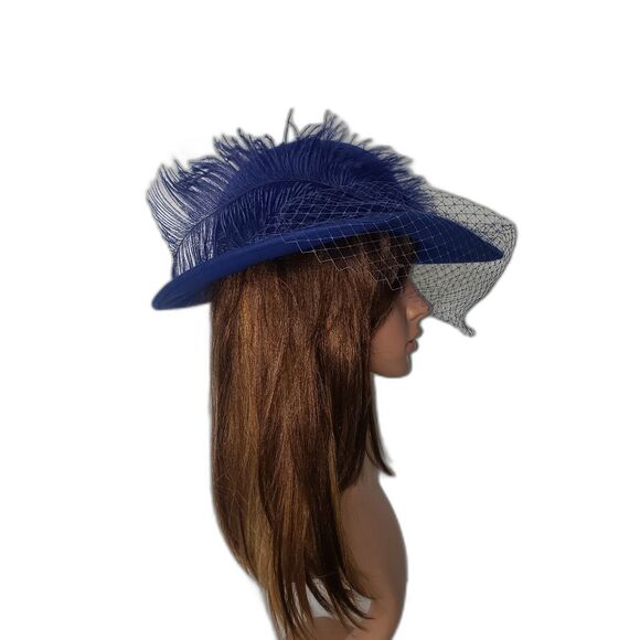 Vintage Michael Howard Hat Wool Wide Brim Feather Veil Womens Blue 80s main image 8